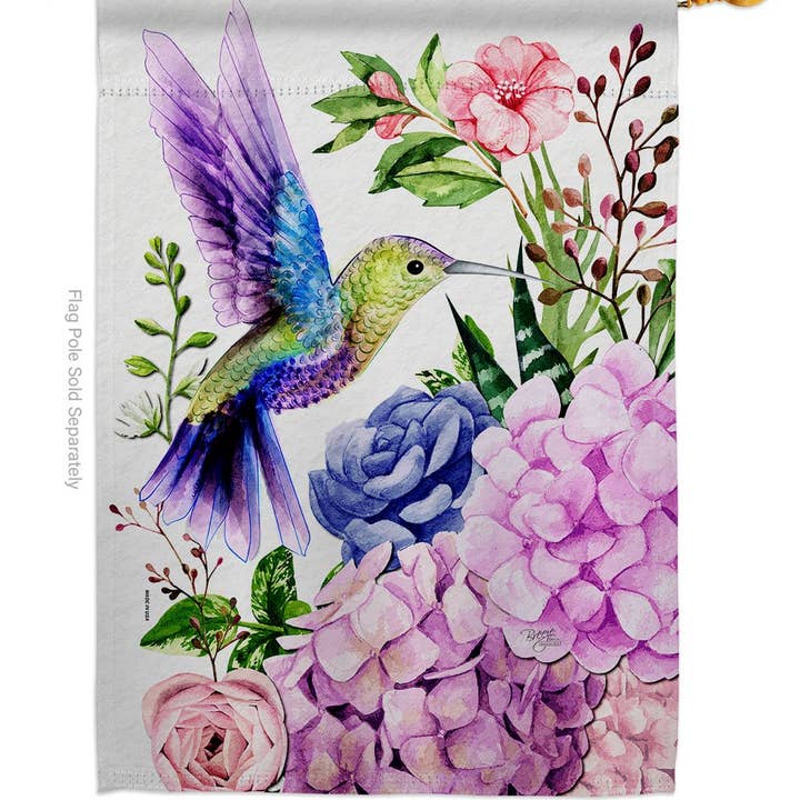 Two Group Flag Co - Vendita all'ingrosso Bandiere - Bandiera decorativa floreale con uccelli colibrì viola