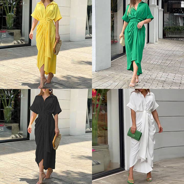 Vestido casual elegante de color liso con botones para venta al por mayor de Halcyon Outfitters®