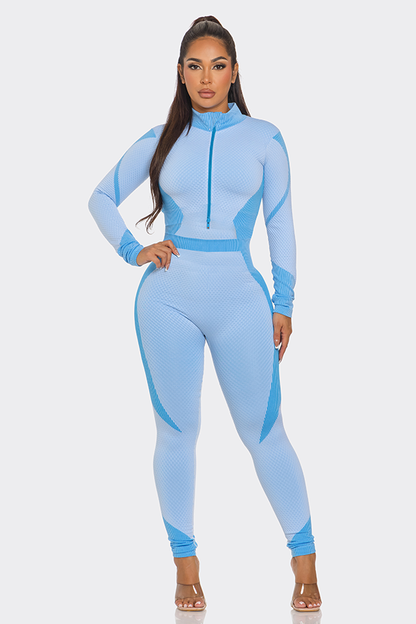 Lime All the Time - Wholesale Jumpsuit - Women's - Waffle Half Zip 2 Tone Bodycon Jumpsuit6