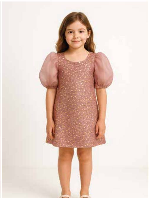 Robe en maille à sequins Payette avec manches bouffantes en organza pour la vente par Badgley Mischka (Girls)