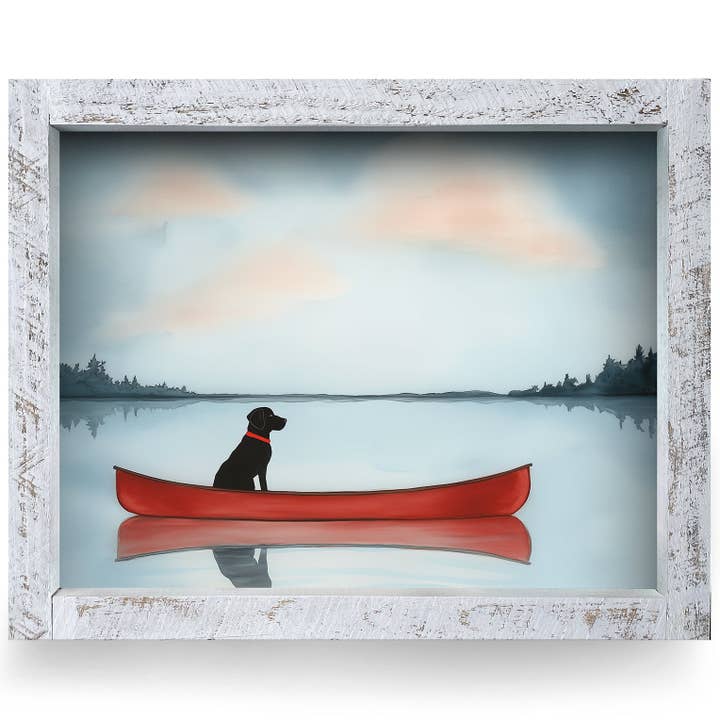 Canoa Roja, Agua Tranquila, Amigo Leal Acuarela | Impresión de Arte en Pared enmarcada en Madera Real | Horizontal para venta al por mayor de Mill Wood Art