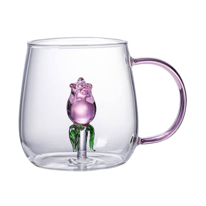 Tasse en verre transparent avec design de fleur de rose 3D 13,5 oz – Tasse à thé et café résistante à la chaleur pour la vente par IKIDO