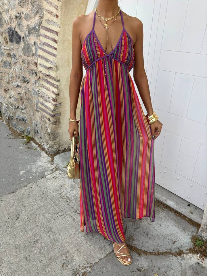 Linen colorful striped halter neck dress - Boho dress for wholesale by Design company-Fatma Balkir