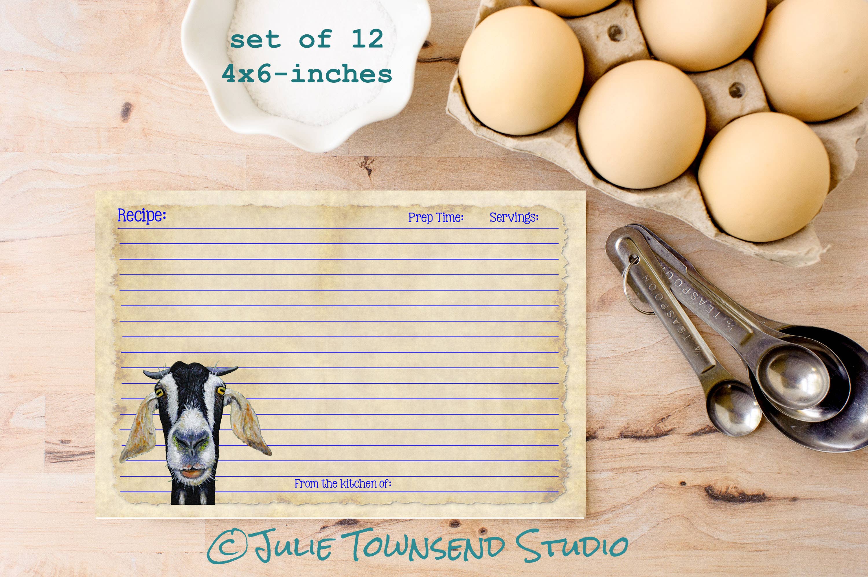Julie Townsend Studio - Wholesale Recipe Card - Recipe Cards - Set of 12 Adorable Goat Recipe Cards - 1101
