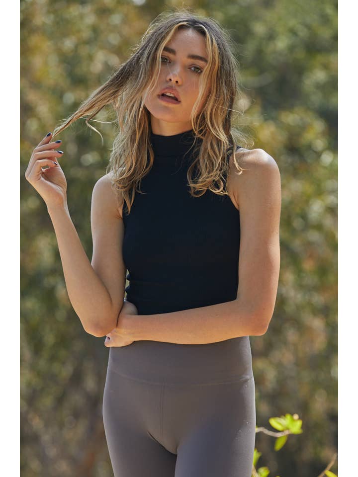 By Together - Vente Haut en maille – femme - S1068 | Haut court sans manches à col montant en tricot côtelé