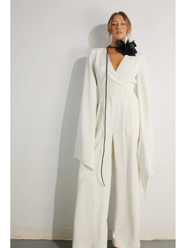 FLY AWAY SLEEVE V NECK JUMPSUIT for wholesale by Mulla