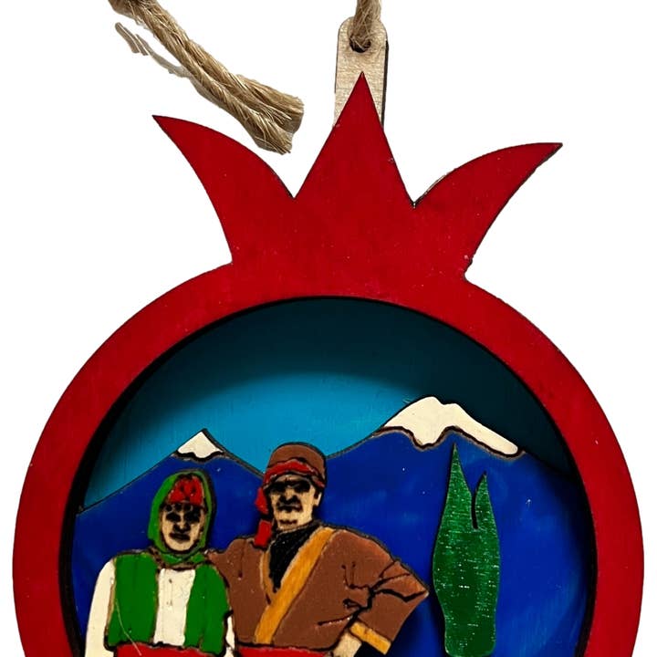 Wooden Pomegranate Ornament with Hand-Painted Ararat Scene for wholesale by HDIF-USA