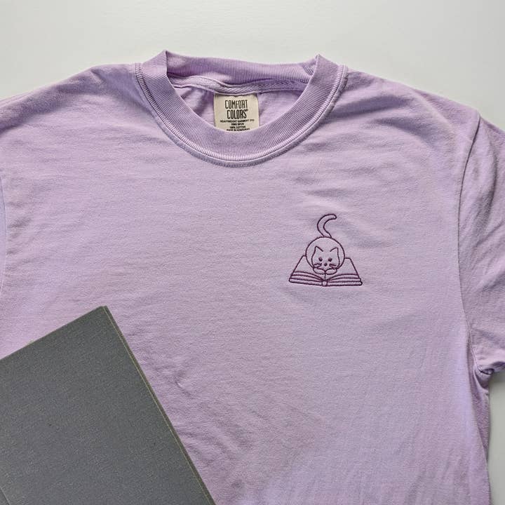 Cat on Book Cropped Embroidered Shirt for wholesale by Bona Fide Bookworm