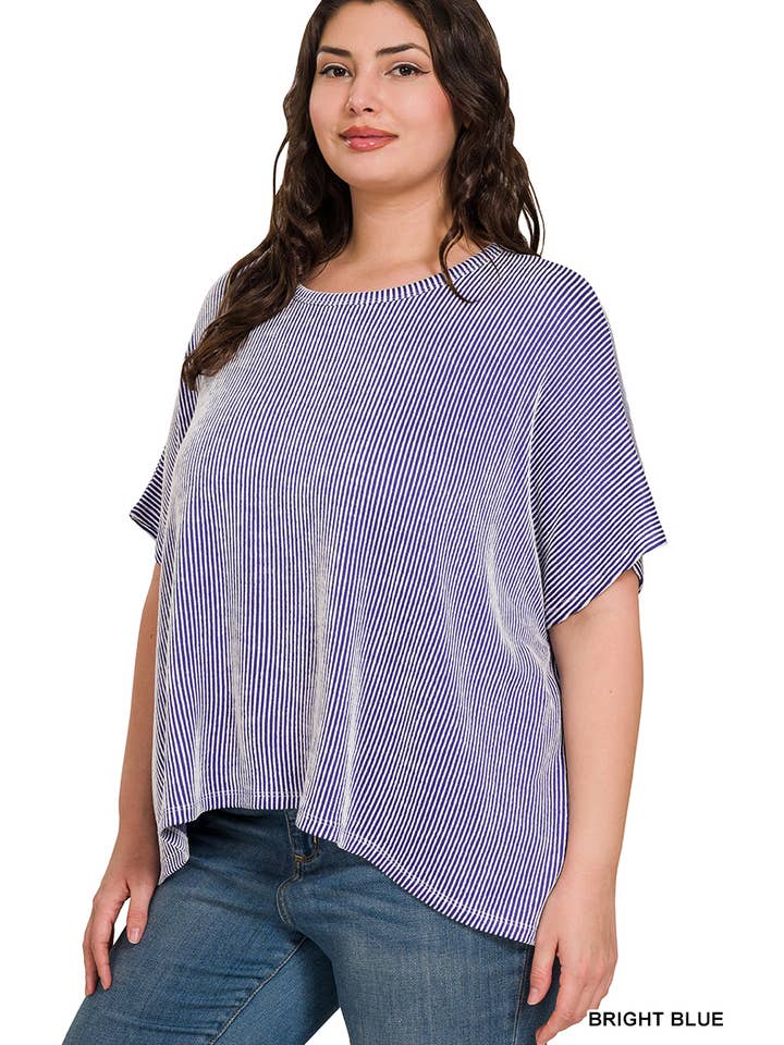 42POPS - Wholesale Knit Top - Women's - `.Plus size Ribbed Striped Oversized Short Slee21