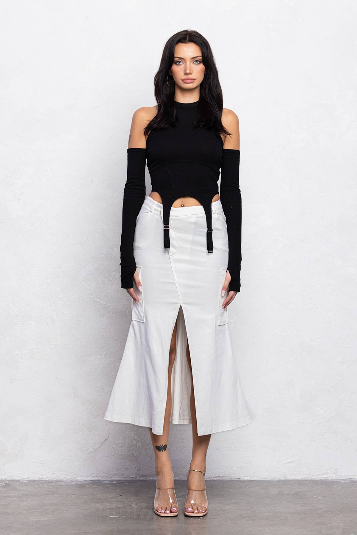 No Vacancy - Wholesale Skirt - Women's - Mermaid front cut detail diagonal midi skirt1