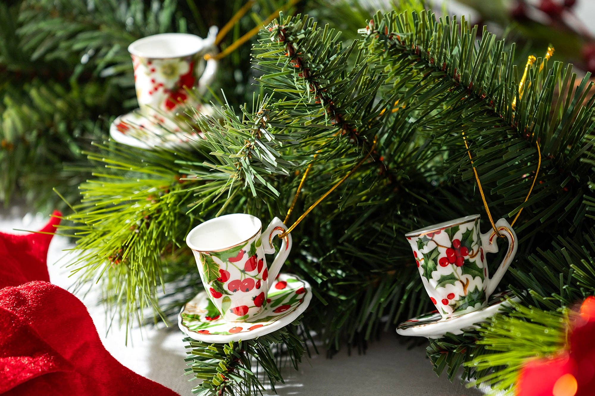 Grace Teaware - Wholesale Ornament Set - Holly Berries and Poinsettia Assorted Mini Teacups Ornament Set of 61