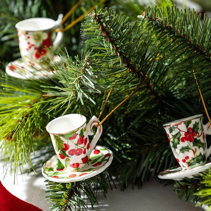 Grace Teaware - Wholesale Ornament Set - Holly Berries and Poinsettia Assorted Mini Teacups Ornament Set of 61