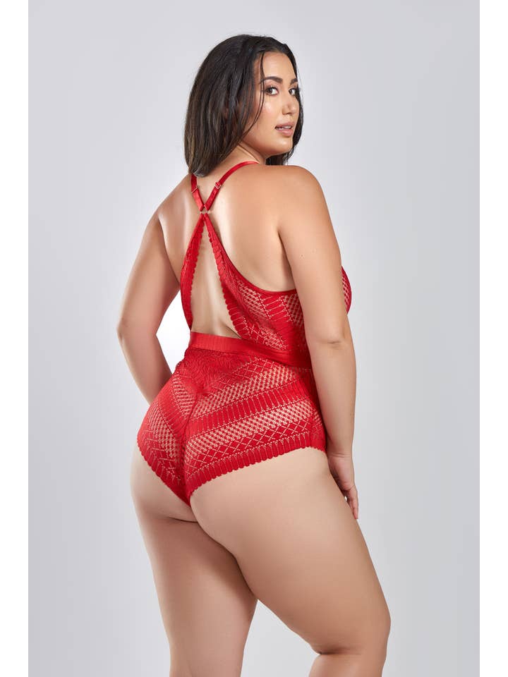 iCollection - Wholesale Lingerie Bodysuit - Women's - Best Seller! Hazel Plus Size Lace Plunge Bodysuit Lingerie
