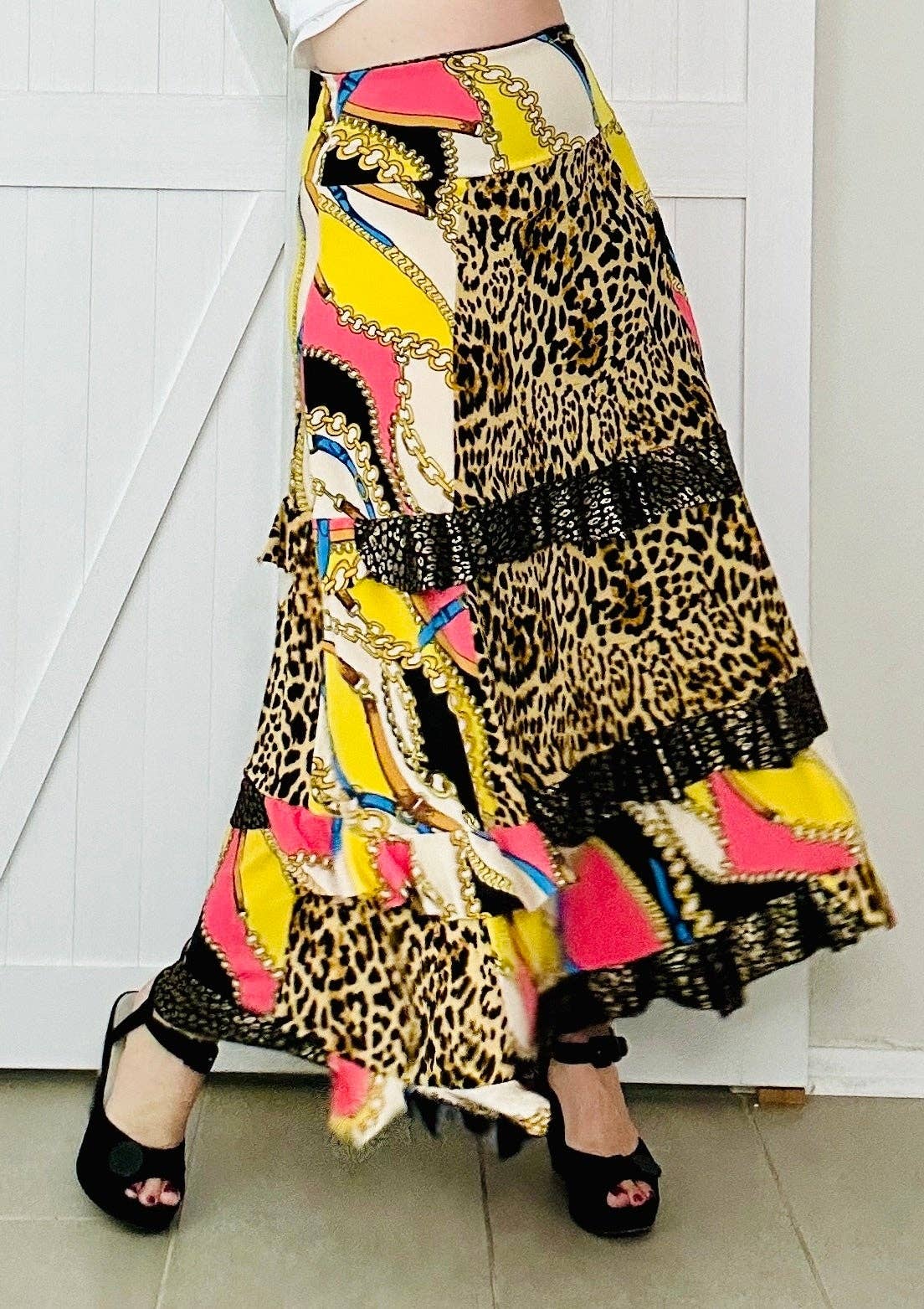 Aerial Clothing sRQ - Wholesale Skirt - Women's - Wild Side Patchwork Flounced Maxi Skirt7