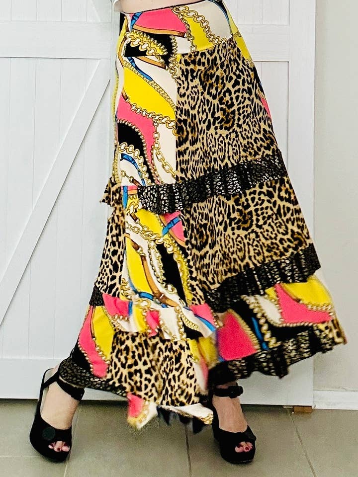 Aerial Clothing sRQ - Wholesale Skirt - Women's - Wild Side Patchwork Flounced Maxi Skirt7