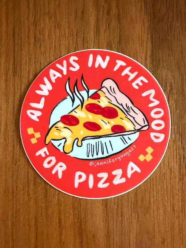 Cheesy Pepperoni Pizza Slice Lover Sticker Decal for Bottles, Laptops, Notebooks and More for wholesale by Jennifer Yung Art