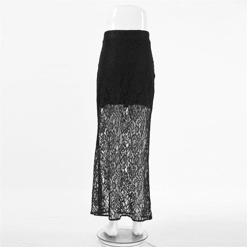 BLACK Elegant Lace Floral High-Waisted Midi Skirt for wholesale on Faire6