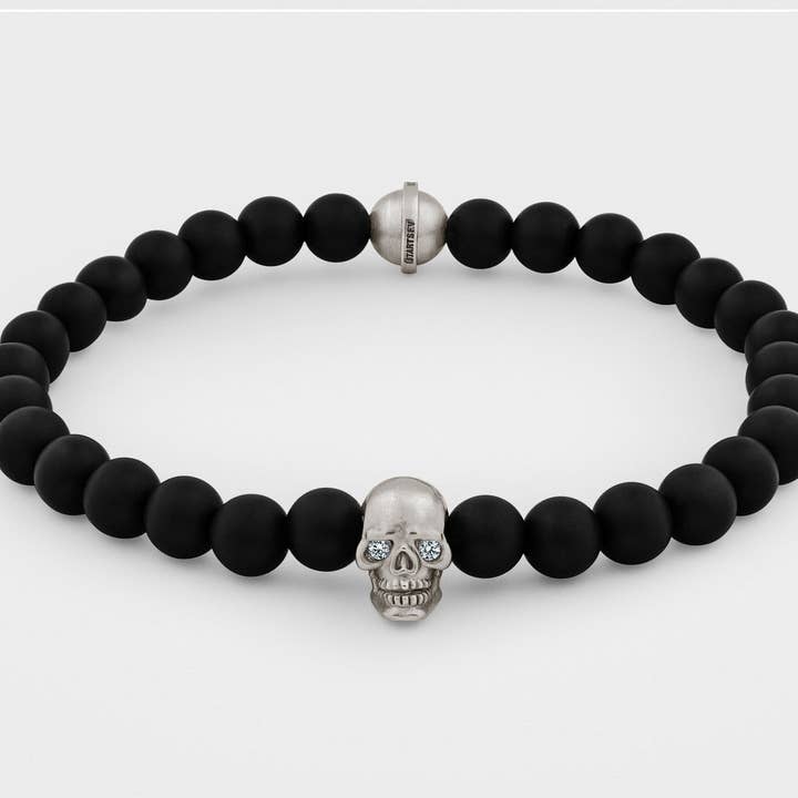 Skull Bracelet in Sterling Silver with Diamond Eyes and Black Onyx for wholesale by Snake Bones