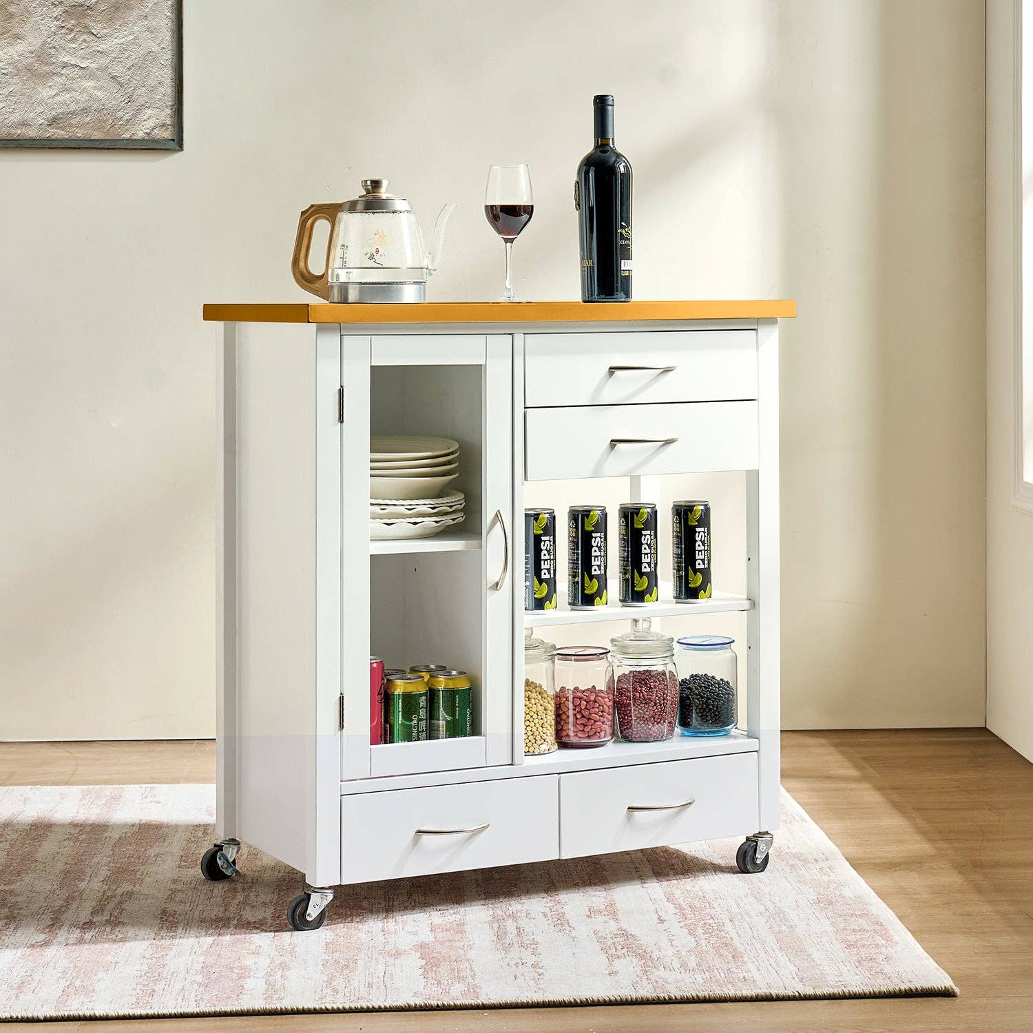39F Inc. - Wholesale Kitchen Storage/Organizer - White Kitchen Island Cart with Walnut Top and Storage Drawer1