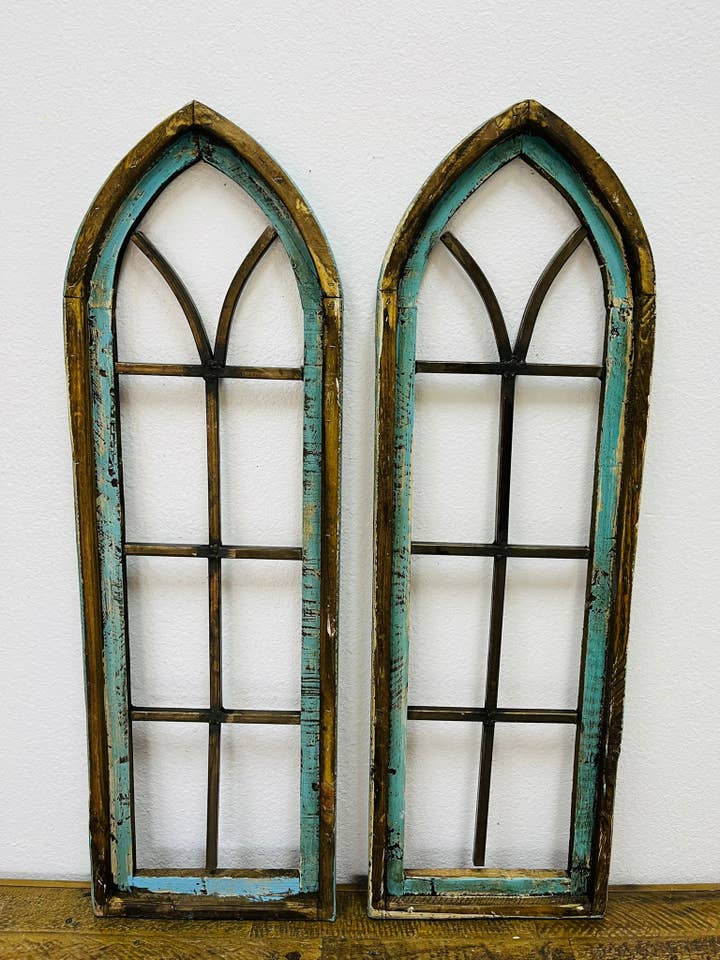 36" Cathedral Wood and Iron Arches, Turquoise - 2-7 for wholesale by Rustic Farm