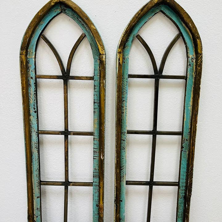 Rustic Farm - Wholesale Wall Accent - 36"H Turquoise Cathedral Wood And Iron Arches, 2pc Set