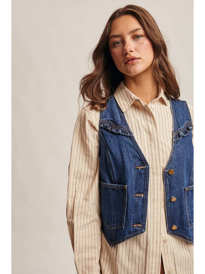 Blue Haze Ruffle Trim Denim Vest FVT0002 for wholesale on Faire