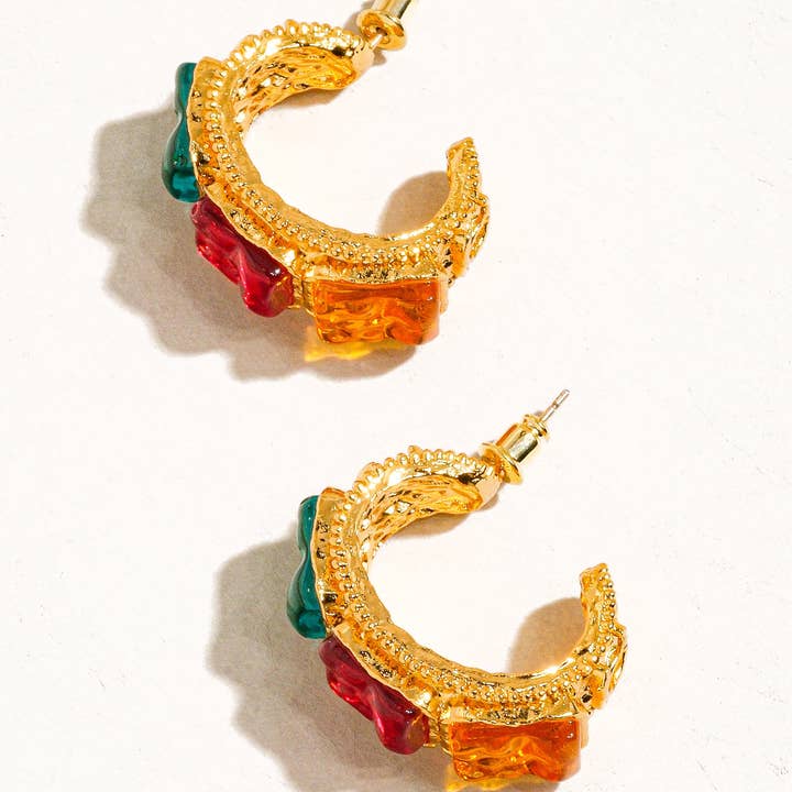 Multicolore Grande boucle d'oreille Florence en or 18 carats avec pierres précieuses vintage en vente sur Faire