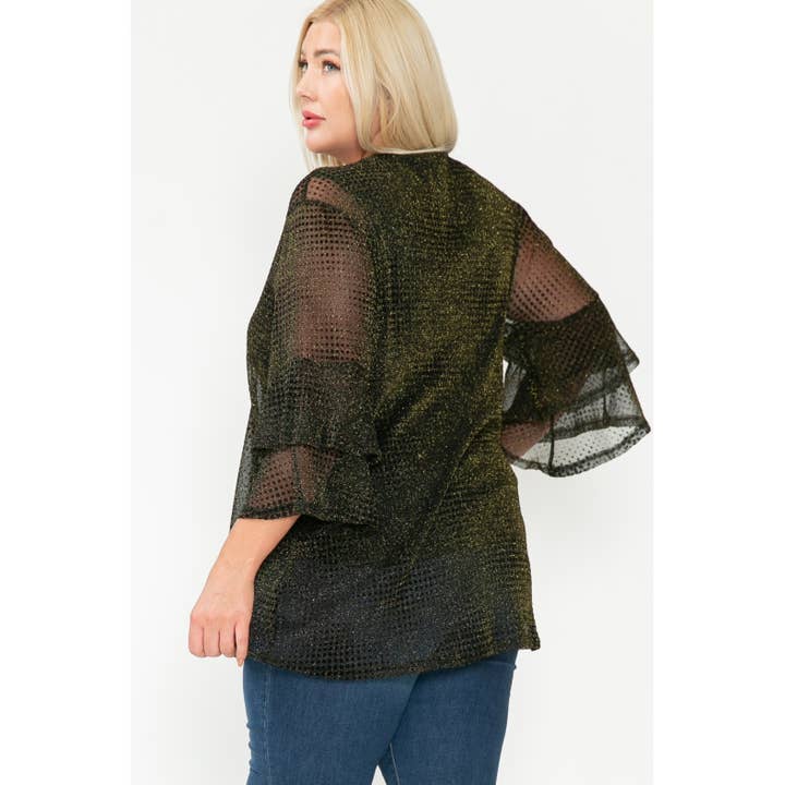 Story Teller - Wholesale Cardigan - Women's - Plus Size Shimmer Sheer Ruffle Open Front Mesh Cardigan