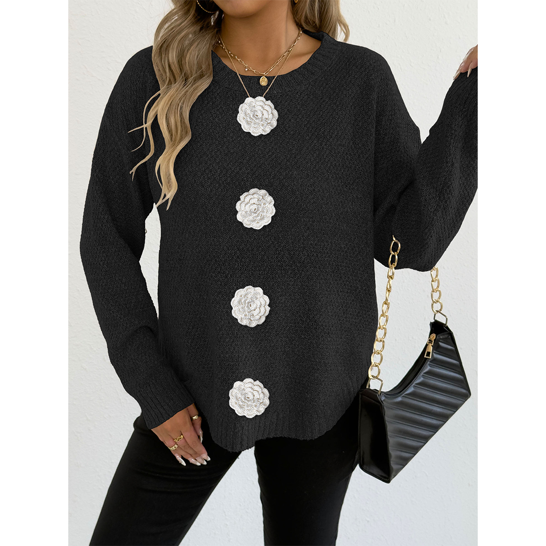 UNISHE - Wholesale Knit Sweater - Women's - Casual Button Crochet Floral Decor Pullover Sweater OYM2454