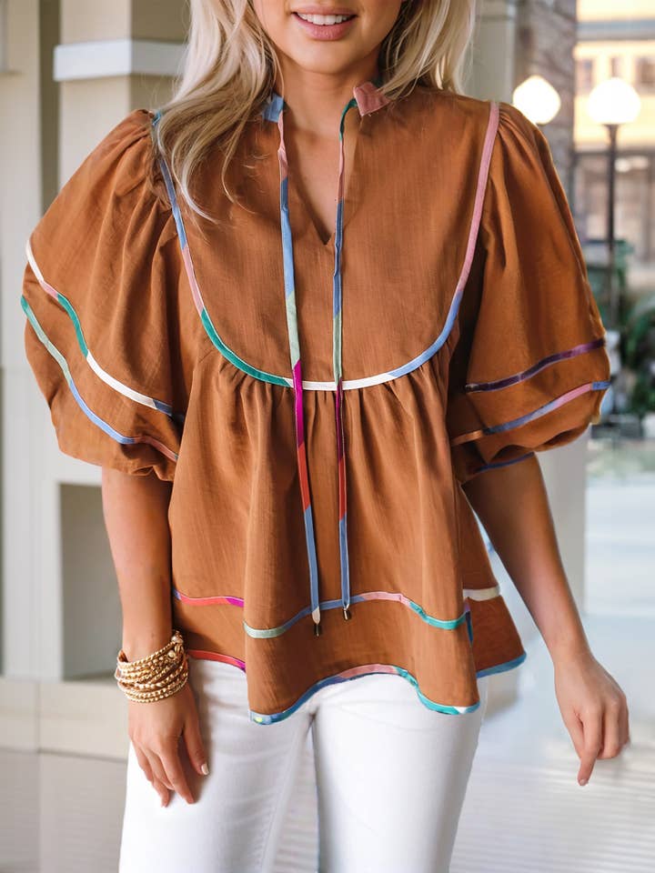 As Shown Curry Colorful Trim Wide Short Sleeve V Neck Blouse for wholesale on Faire