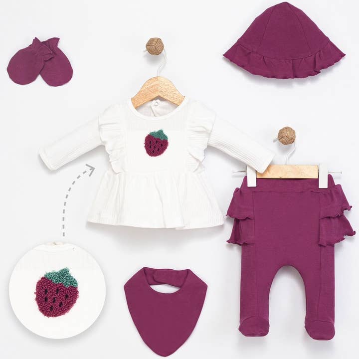 5-piece newborn set with strawberry motif for wholesale by Cheeky Nomads