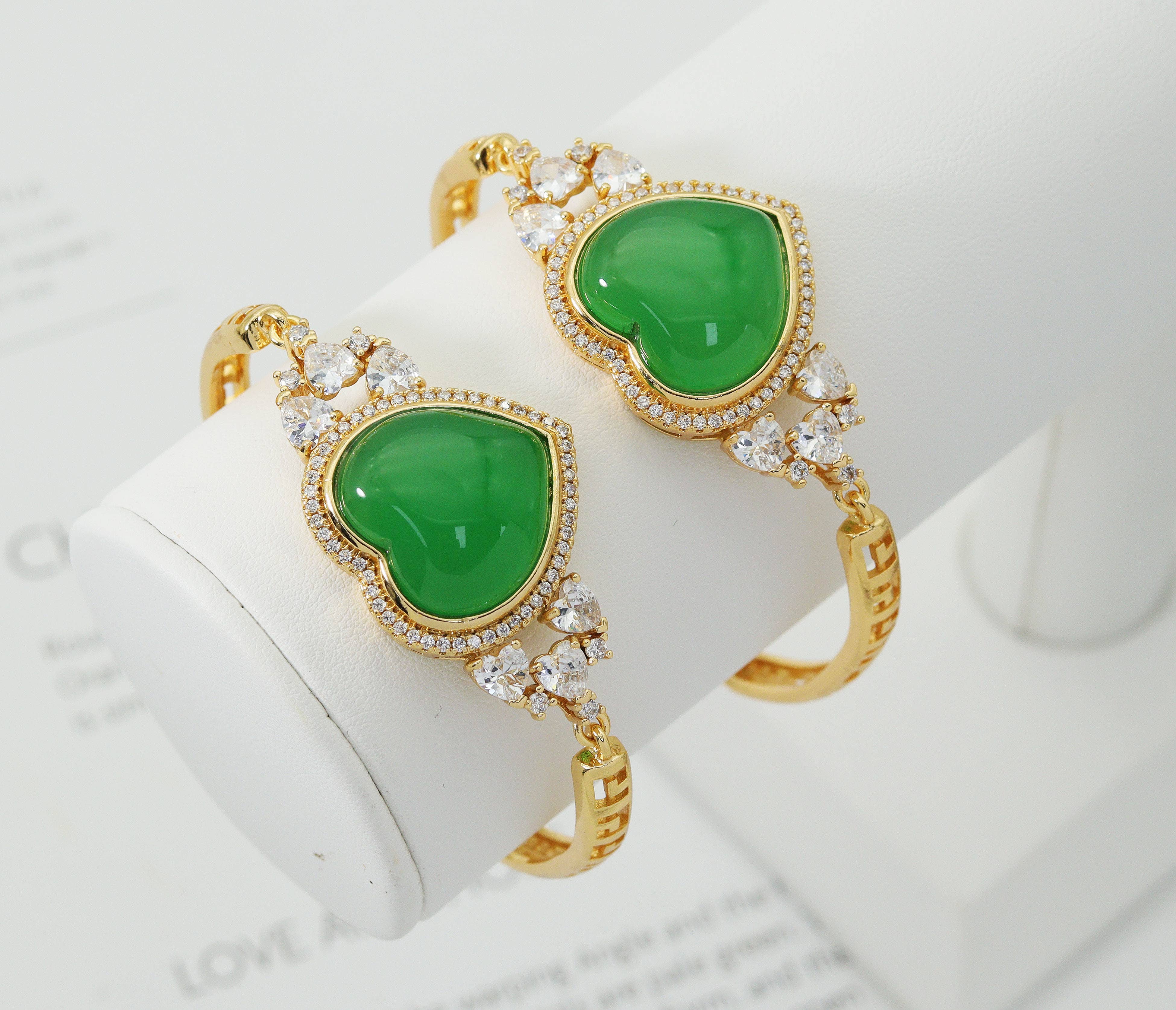 BestBeads&Beyond - Wholesale Cuff Bracelet - CZ Heart Green Jade Adjustable Bracelet, Sku#LX570