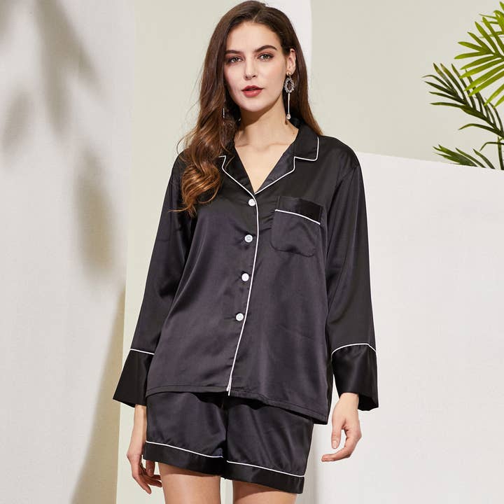 Mackleys - Wholesale Sleepwear set – Women's - PREORDER Satin Long Sleeve and Short PJ Set8