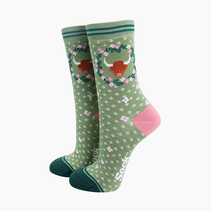 Highland Cow Floral Wreath Bamboo Socks in Green for wholesale by Sock Talk