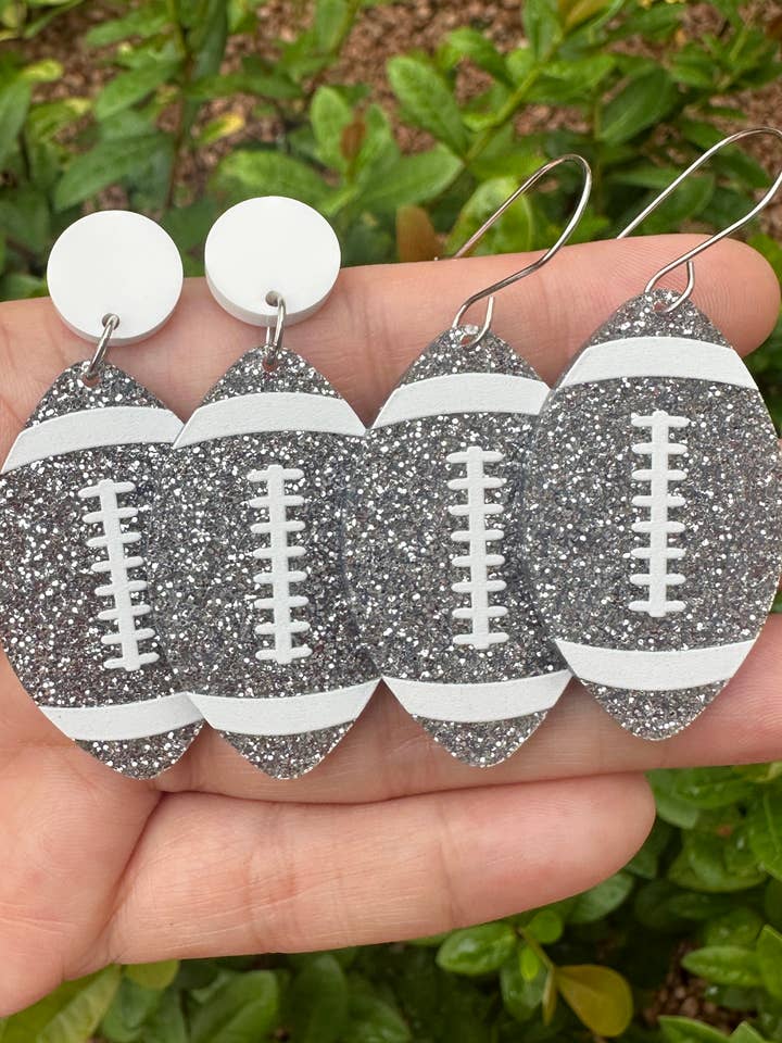Silver Glitter Football Earrings, Game Day Earrings for wholesale by Laser & Color Designs LLC