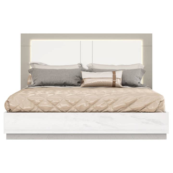 White And Taupe Wood Queen Bed Frame for wholesale by HomeRoots