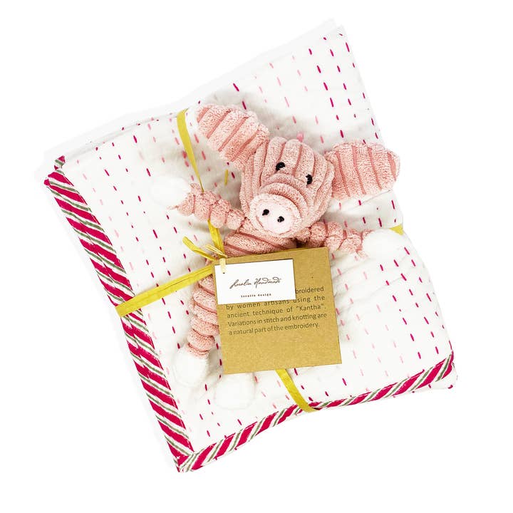 Kantha - Manta de bebé con cerdito para venta al por mayor de Loralin Design
