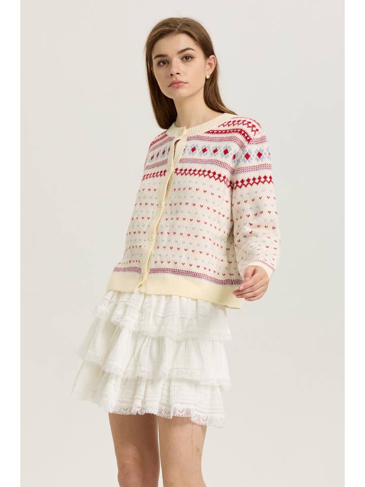 ROSIE POSIE - Wholesale Cardigan - Women's - Fair Isle Knit Cardigan with Red and Blue Accents