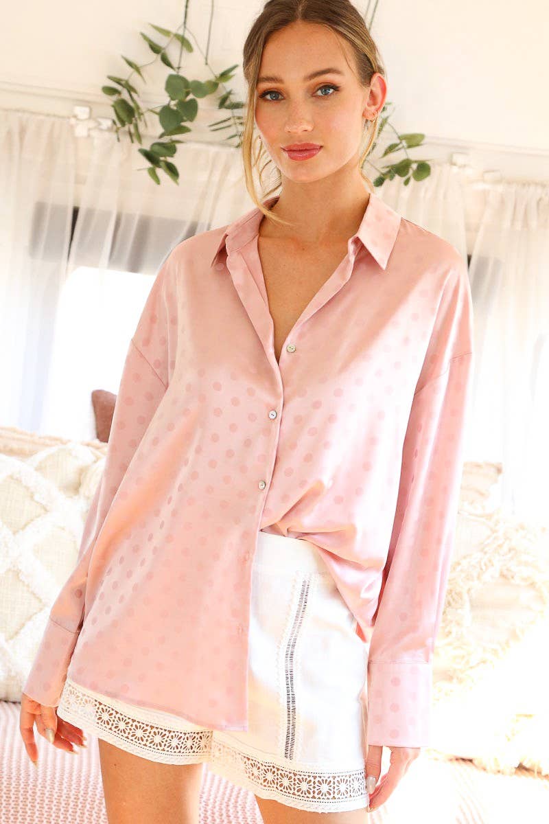 Vine & Love – Großhandel Hemd mit Button-down-Kragen – Damen – Bluse aus Satin mit gepunktetem Druck, Kragen und langen Ärmeln VT81294D-7