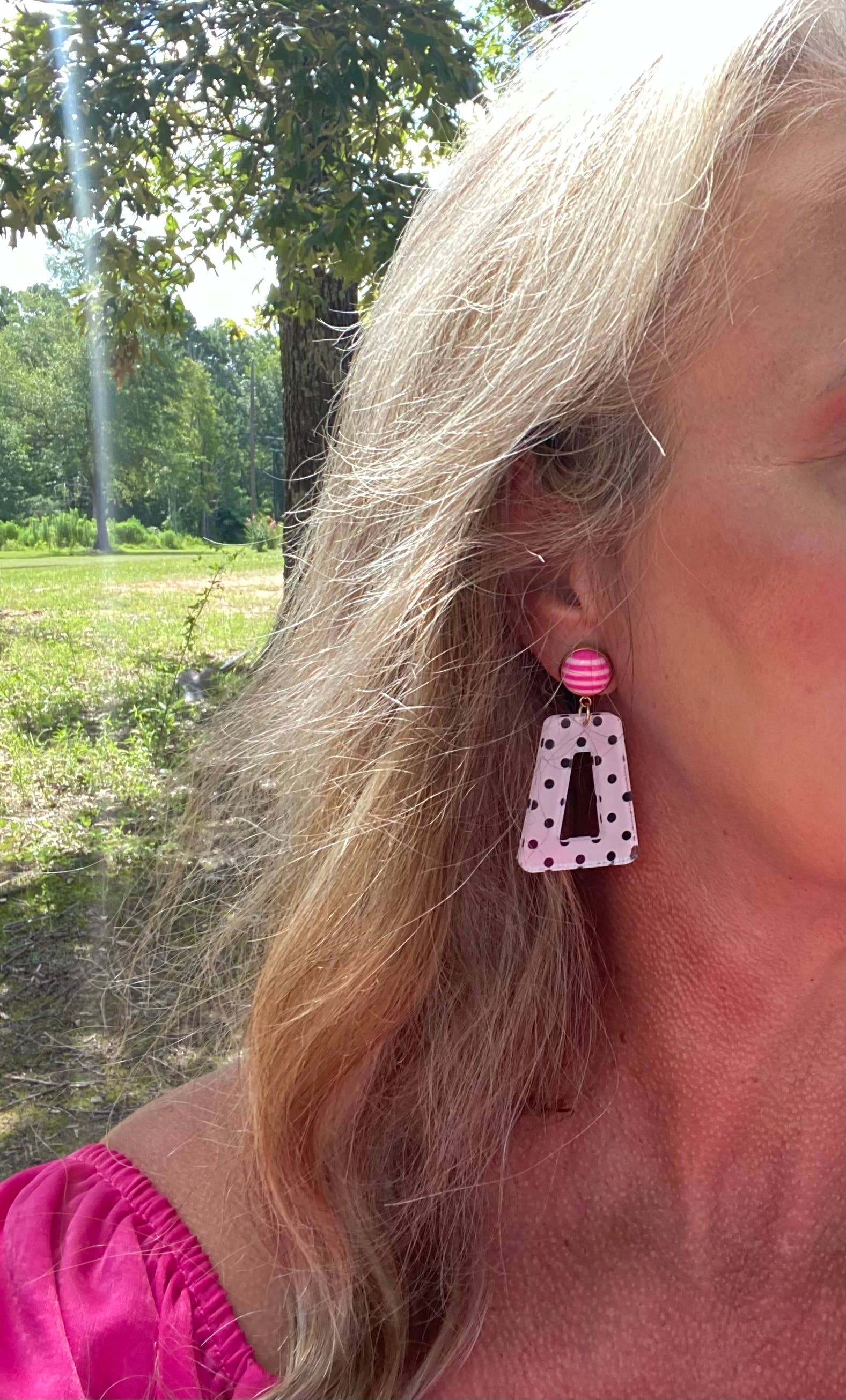 Sandy Lou Designs - Wholesale Dangle Earrings - Fun Polka Dots With Pink and White Stripe Button Earrings5