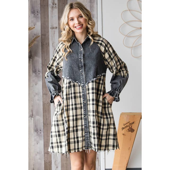 Veveret - Wholesale Dress - Women's - Plaid Contrast Denim Dress
