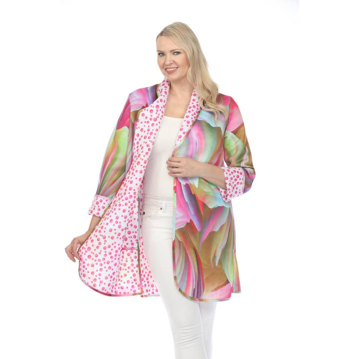 Abrigo en forma de A con flores tropicales, color rosa, talla grande para venta al por mayor de Fenya V.