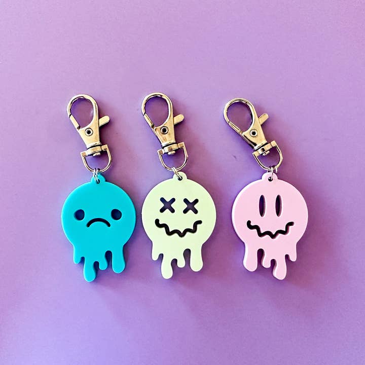 Dripping Smiley Face Keychain Set / set of three happy faces for wholesale by Whimsy Makers