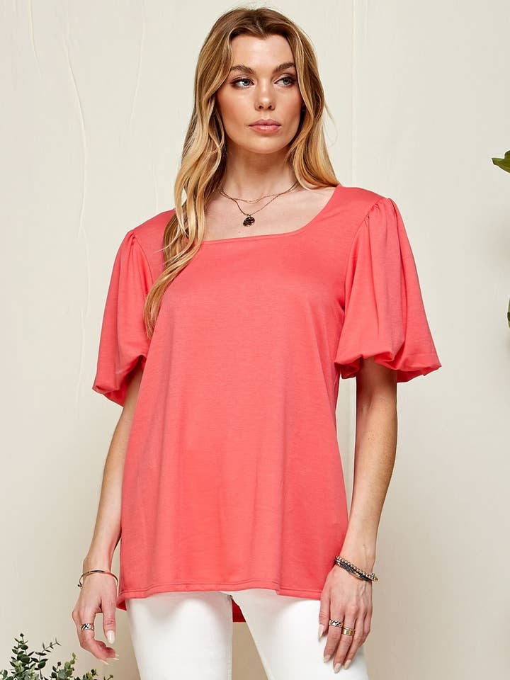 CORAL SPT5094 - WOMEN PUFF SHORT SLEEVE SQUARE NECK TOP for wholesale on Faire