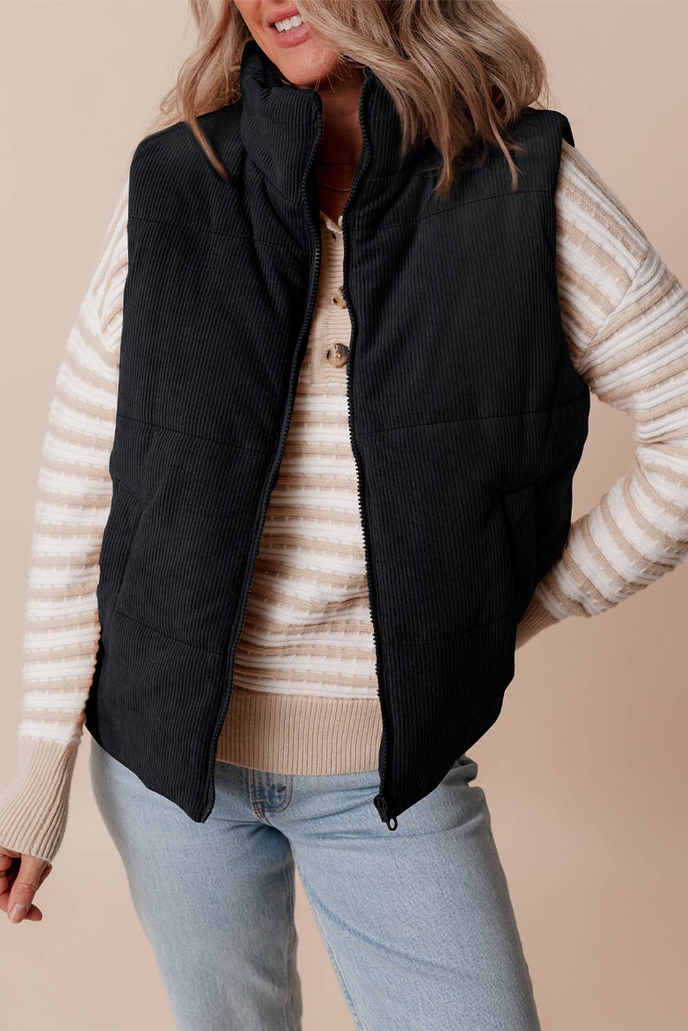 1 the Woman - Wholesale Outerwear Vest - Women's - Corduroy Stand Neck Zipped Puffer Vest11