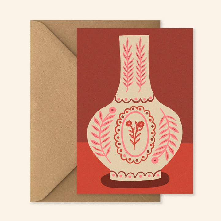 Carte de vœux "Vase dans une chambre rouge" pour la vente par Kiran Ravilious