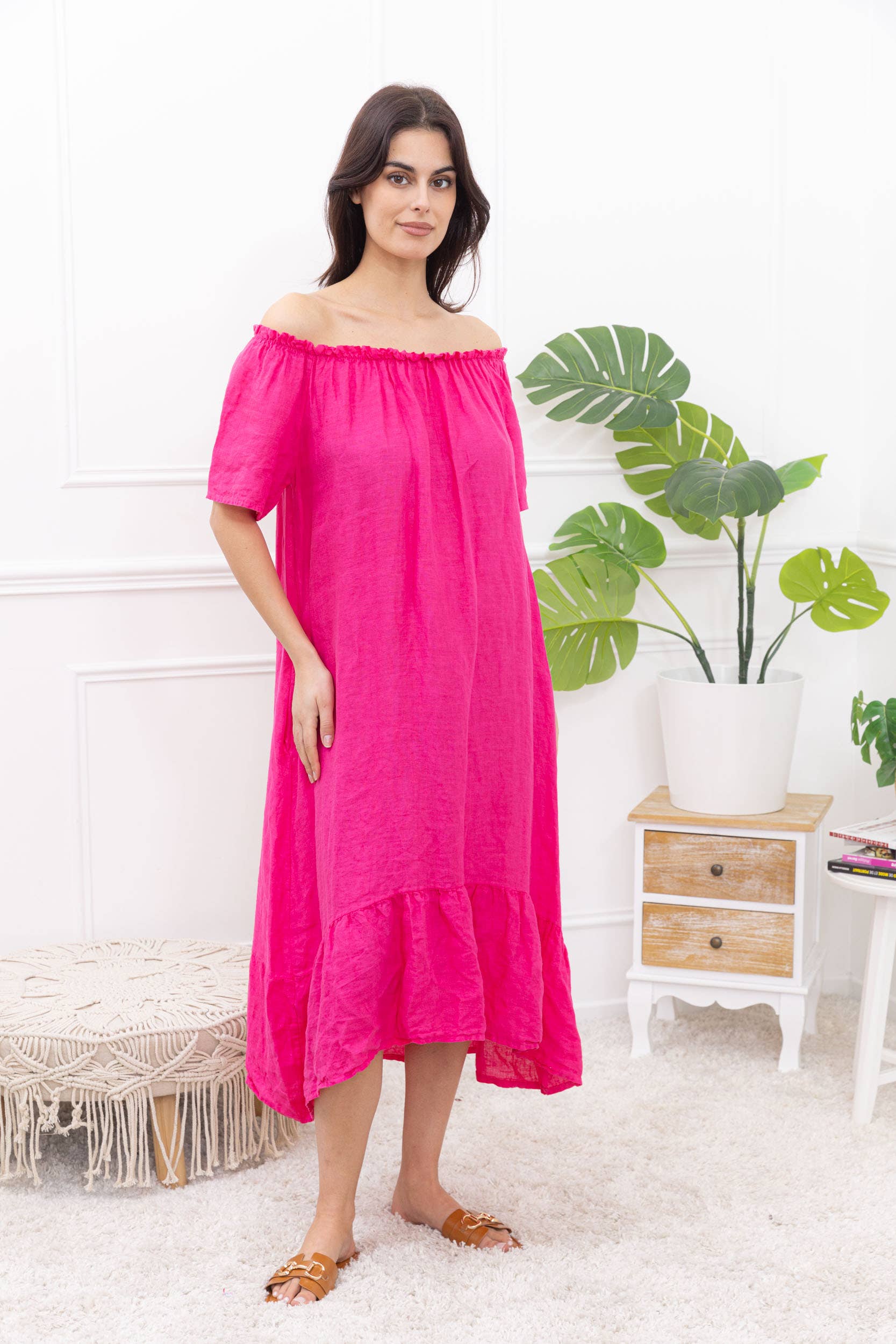 Happy look - Wholesale Dress - Women's - Long Linen Dress with Short Sleeves and Elastic Collar15