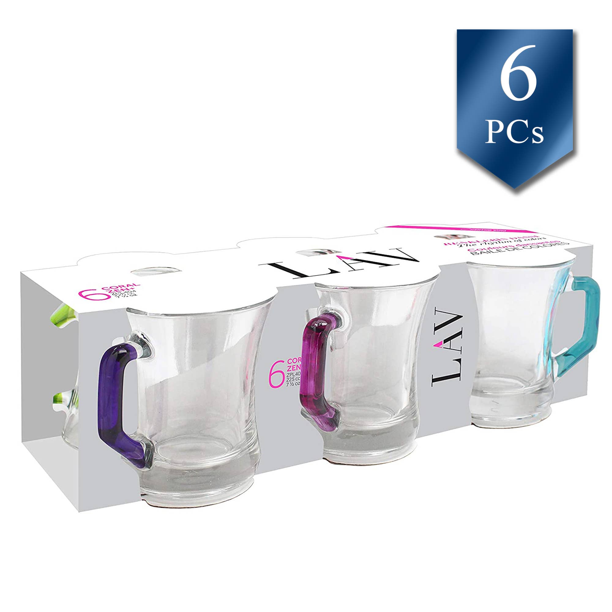 Hakan - Wholesale Coffee Mug - Zen Glass Coffee Mug Set with Colorful Handle, 6 Pcs, 7.6 oz6