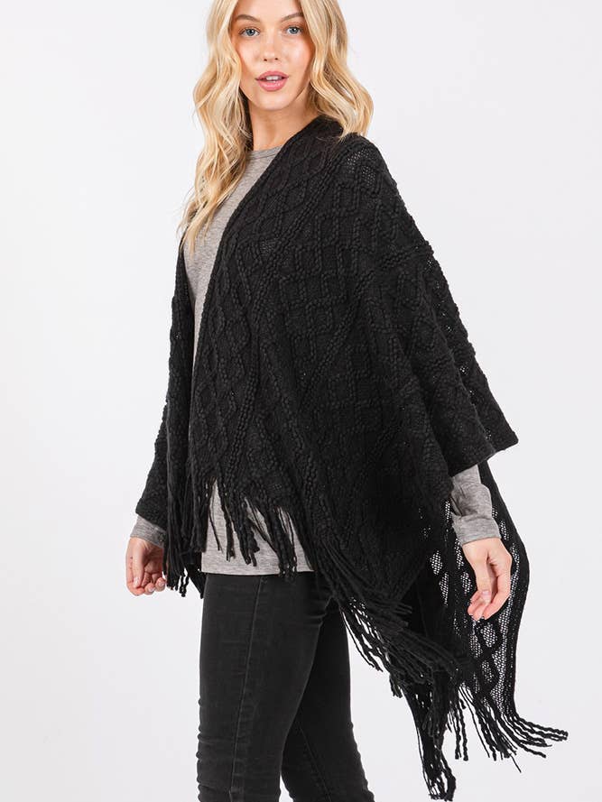 Hana – wholesale Cardigan – Women’s – Diamond Pattern Tassel Knit Ruana Winter Cardigan5
