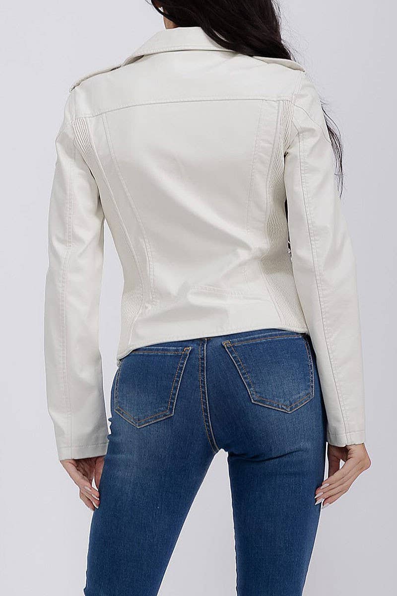ROUSSEAU - Wholesale Leather Jacket - Women's - SOLID PU PLEATHER ZIP UP DRAPED MOTO JACKET7